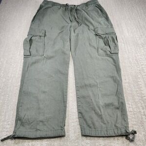 Lands End Pants Men Large Linen Cotton Baggy Cargo Trouser Green Elastic Waist